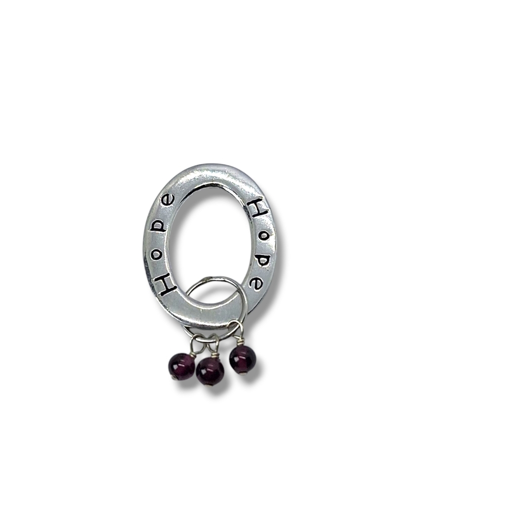 Sterling Silver 925 Open Circle Inscribed Hope Slider Pendant W/ Garnet 3.6g 1"